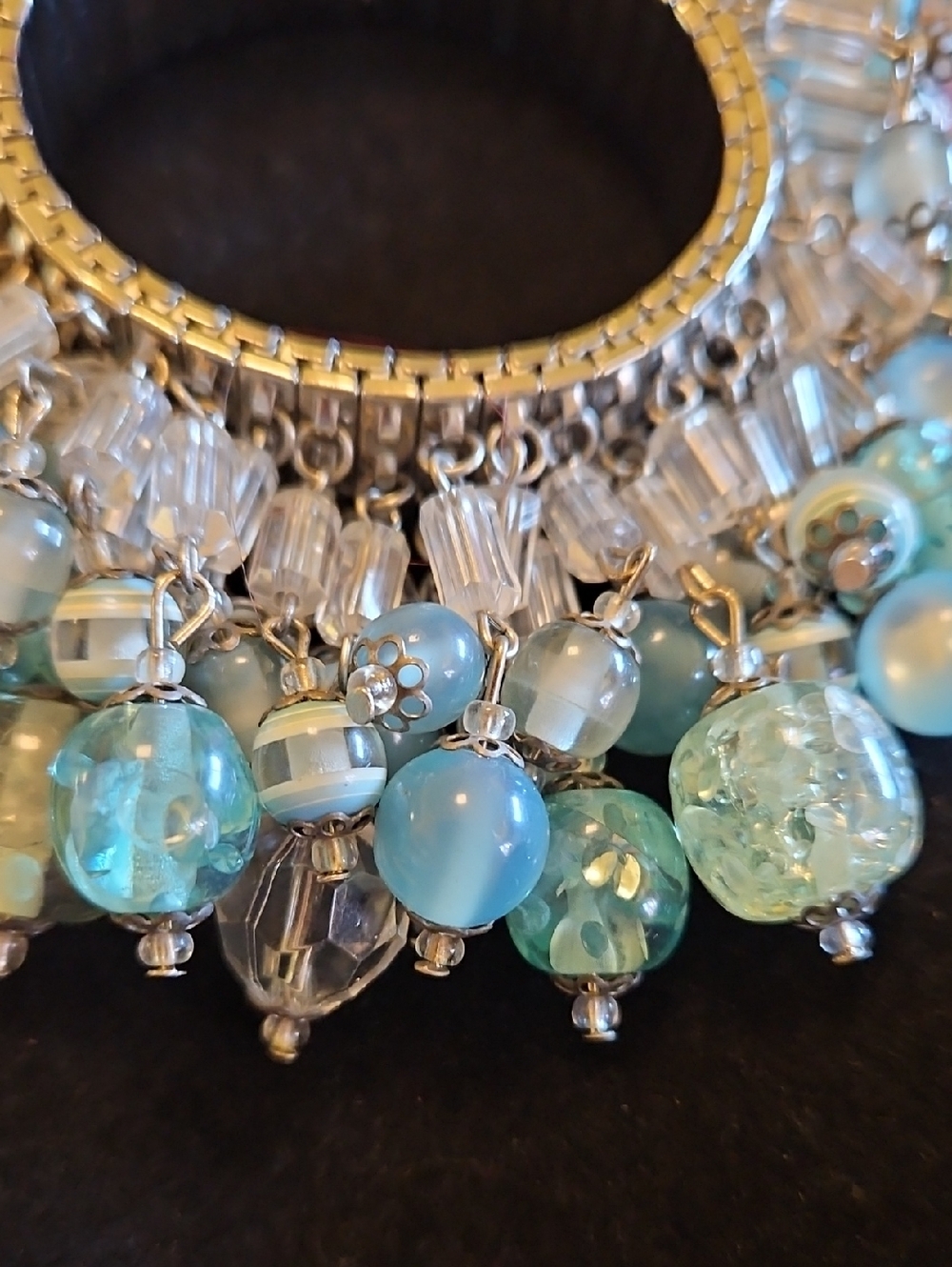 Vintage cha-cha bracelet Silver Tone expansion Teal green and Clear crystals - Picture 2 of 7